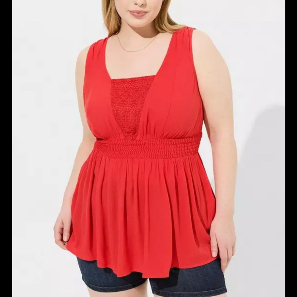 Torrid‎ Red Lace Inset Smocked Empire Waist Babydoll Peplum Tank Top Plus Size 2